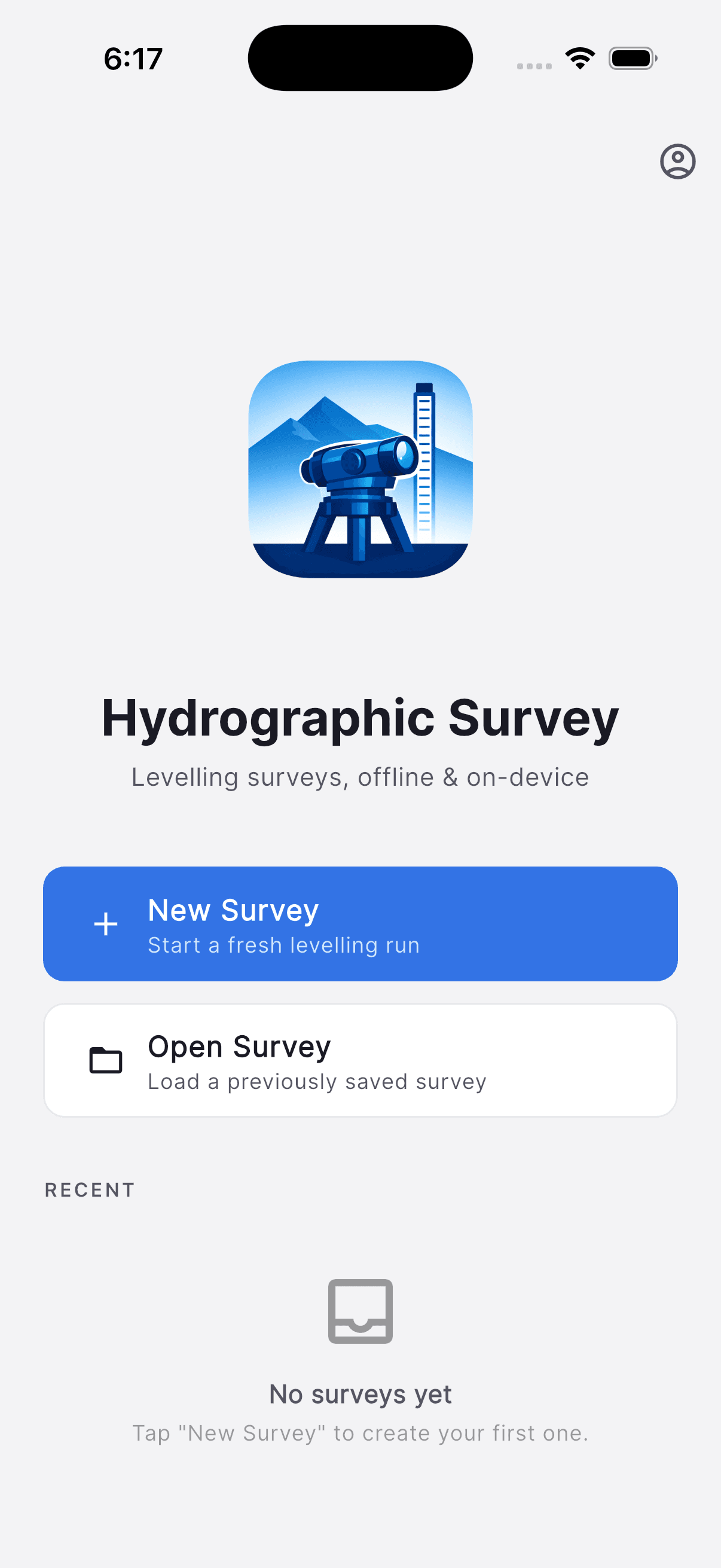 Survey reading screen with live Rise & Fall calculations